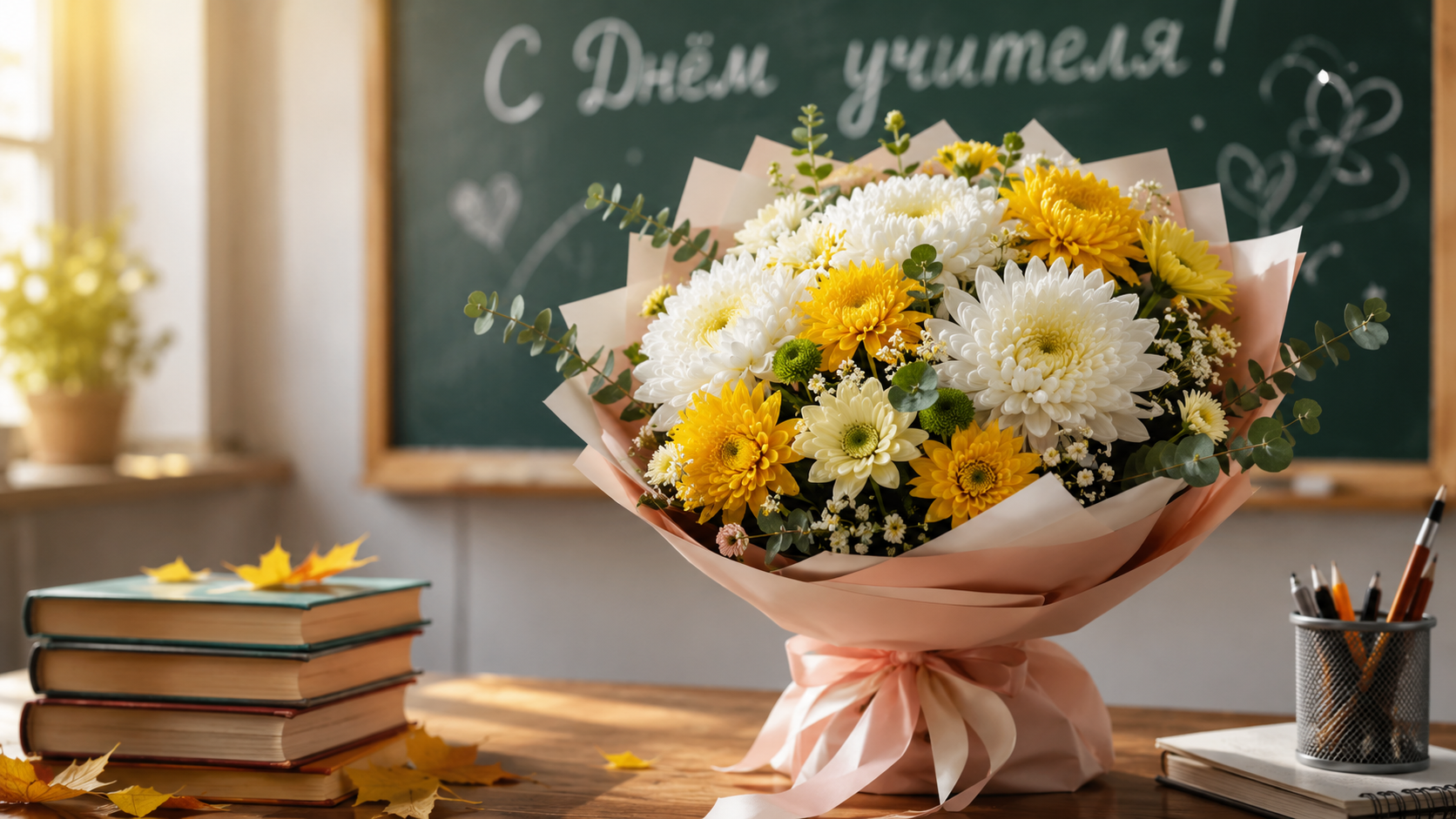 Букет из хризантем на 1 Сентября — символ Дня знаний